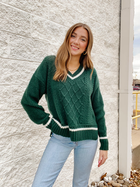 Varsity V Neck Cable Knit Sweater - Hunter Green