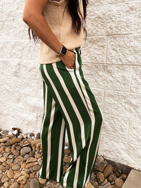 Carousel Chic Satin Striped Pants - GREEN