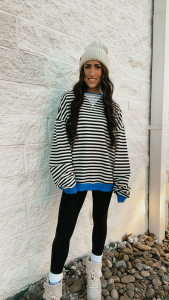 Free People -Classic Striped Oversized Crewneck -  BLACK COMBO