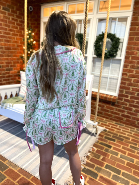 Christmas Tree Satin Pajama Set - Ivory/Pink/Green