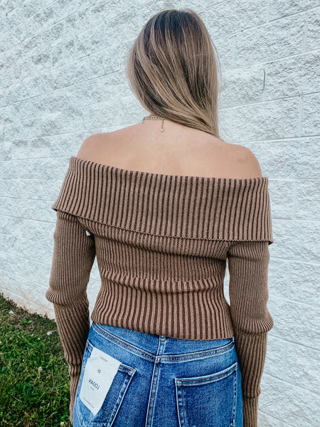 Rustic Retreat Off The Shoulder Zippered Sweater Top