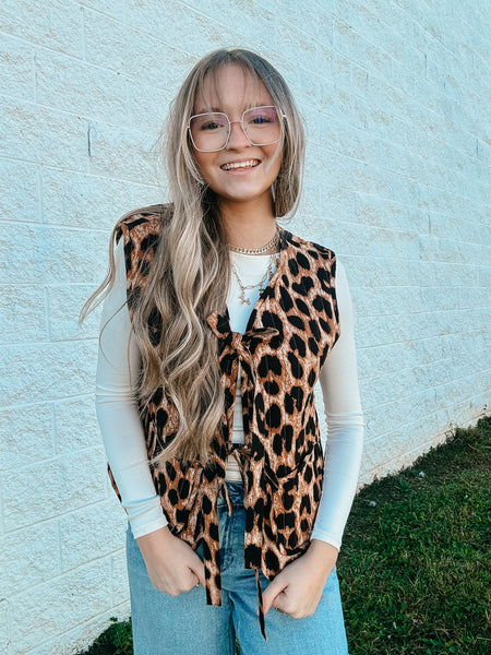 Leopard Quilted Vest with Bow Ties