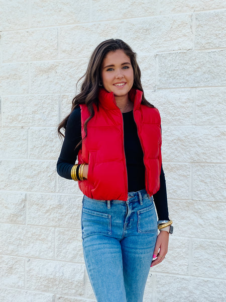 Cherry Bomb Faux Leather Puffer Vest - RED