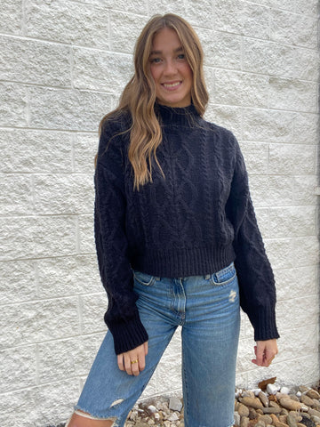 Black Mock Neck Cable Knit Sweater