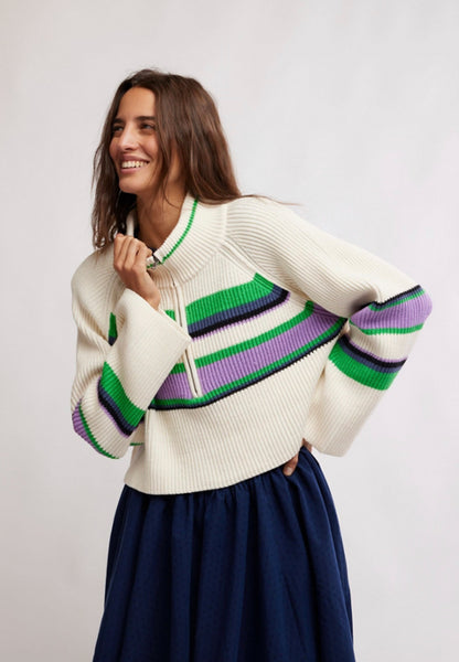 Free People - Striped Greta Half Zip - Sugar Swirl Combo