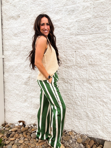 Carousel Chic Satin Striped Pants - GREEN