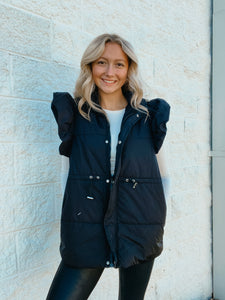 Ruffled Chic Puffer Vest  - BLACK