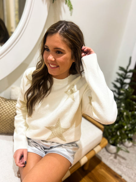 Starry Glimmer Crewneck Sweater - Cream/Gold