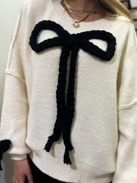 Black Knotted Elegance Ivory Bow Sweater