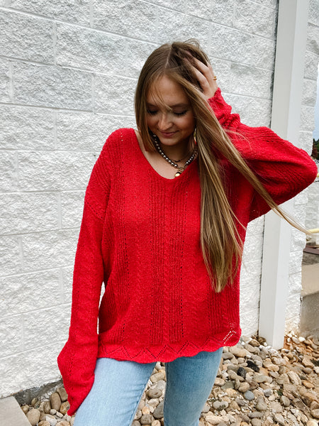 Peppermint Red V-Neck Knitted Sweater