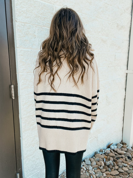 Coastal Cream and Black Stripe Quarter Zip Up Sweater