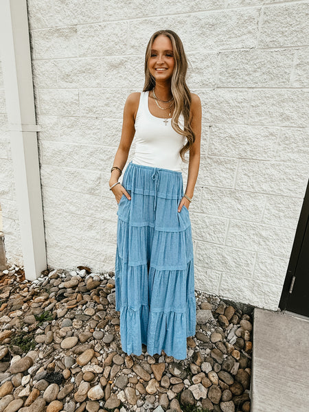 Front Tie Tiered Pinstripe Maxi Skirt - Blue