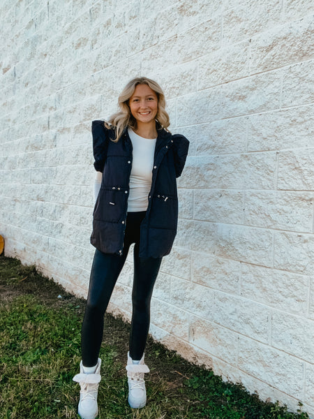 Ruffled Chic Puffer Vest  - BLACK