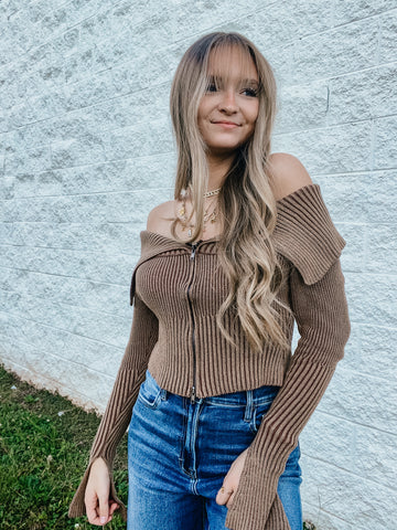 Rustic Retreat Off The Shoulder Zippered Sweater Top