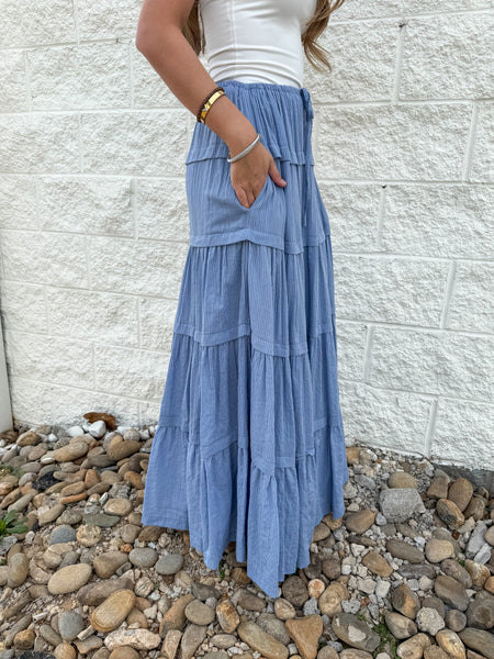 Front Tie Tiered Pinstripe Maxi Skirt - Blue