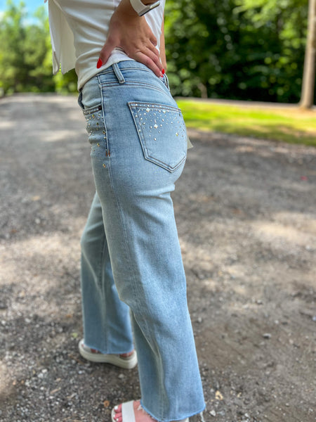 Hidden - Logan Light Wash Studded Hotfix Dad Jean