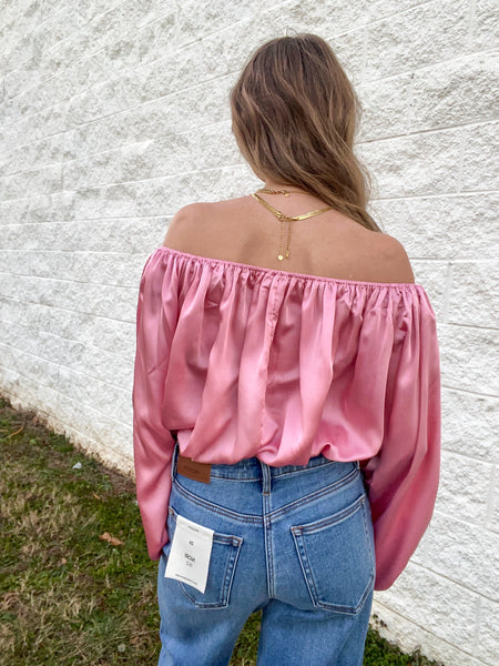 Lovers Lane Off The Shoulder Satin Blouse - Pink