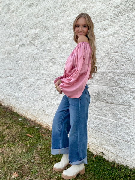 Lovers Lane Off The Shoulder Satin Blouse - Pink